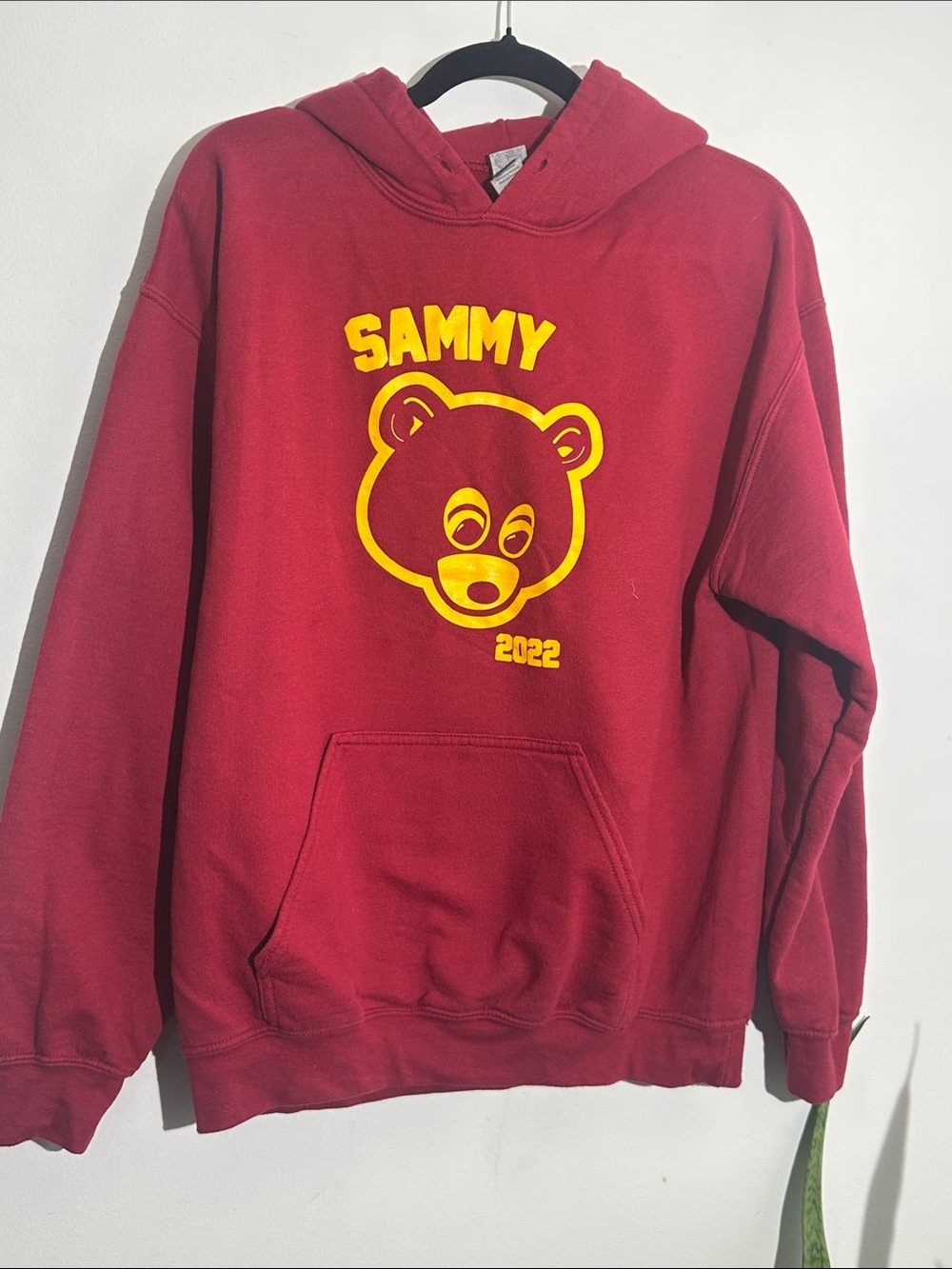 Gildan Maroon Pullover Hoodie with Yellow Bear Print